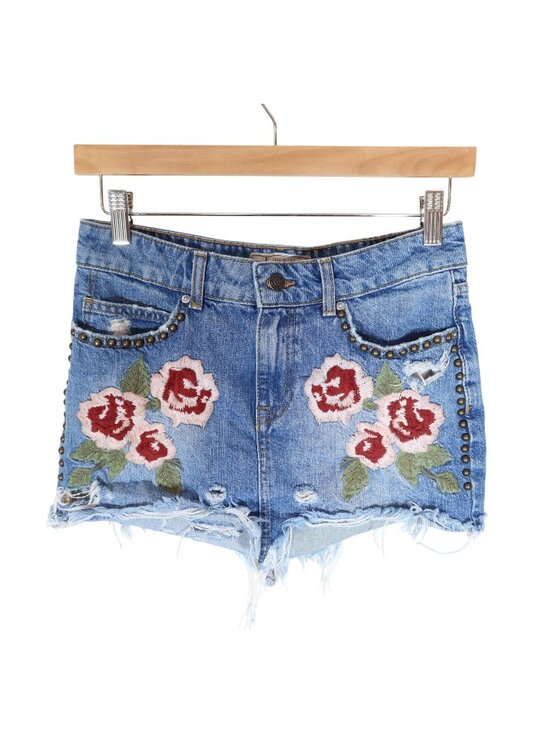 Free People Dresses & Skirts - FREE PEOPLE Wild Rose Embroidered Distressed Studded Jean Mini Skirt Size 25